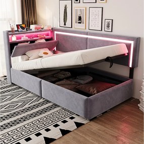 Łóżko dziecięce z pojemnikiem - 90 x 200 cm - z diodami LED + USB + otwierany zagłówek + hydrauliczny schowek - welur - jasnoszary