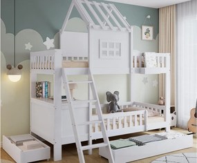 Łóżko piętrowe dla dzieci 90×200 cm - z biurkiem - 2 szuflady - z daszkiem i oknami - Drewno lite + MDF - białe (bez materaca)