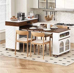 Rozkładana wyspa kuchenna na kółkach z blatem szklanym - 110,5 x 50,5 x 95,5 cm - z drzwiami i szufladą - MDF + szkło - biała + brązowa