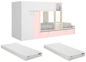 Łóżko piętrowe -  2 × 90 × 190 cm - wbudowana szafa -  kolor biały, naturalny i różowy - w zestawie z materacami - JUANITO