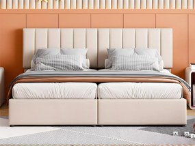 Łóżko z tapicerowanym zagłówkiem z lnu - 180x200cm - przekształcane w 2 pojedyncze łóżka - Beżowe