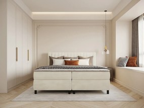 Kompletny zestaw boxspring z wezgłowiem w pionowe szwy + stelaż + materac + materac nawierzchniowy - 2 x 80 x 200 cm - Welur - Beżowy - DONISI od PALACIO