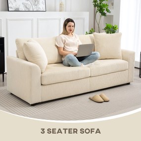 HOMCOM Sofa 3-osobowa z poduszkami dekoracyjnymi, Corduroy, do salonu, sypialni, szerokość 212 cm, Kremowa