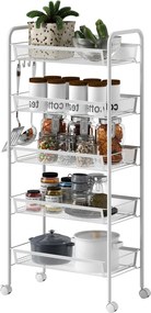 HOMCOM Kuchenny wózek z 5 drucianymi koszami, 4 haczykami, 4 kółkami i 2 uchwytami, stal/plastik, 45x26,5x106 cm, biały | Aosom PL