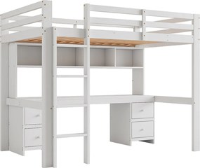 Łóżko piętrowe 90 x 200 cm z biurkiem, regałem, szufladami i drabinką, drewno MDF, białe