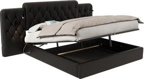 Łóżko z pojemnikiem 180x200 cm - Łóżko dla dorosłych z lampką do czytania i portami USB - czarny poliuretan - bez materaca