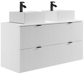 Wisząca ryflowana szafka łazienkowa z okrągłą umywalką nablatową kwadratową - Biały mat - 120 cm - ZEVINI