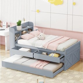 Łóżko wysuwane 90x190 cm - szare - łóżko pojedyncze z ładowarką USB - 2 szuflady - bez materaca