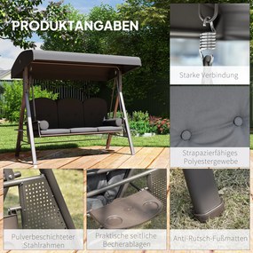 Outsunny Huśtawka Hollywood 3-osobowa huśtawka ogrodowa z daszkiem, półką, poduszką do 360kg Ciemnoszary | Aosom PL
