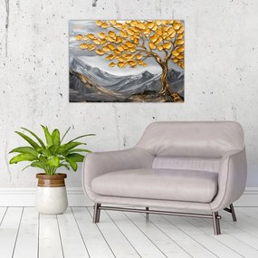 Obraz na szkle – Drzewo ze złotymi liśćmi (70x50 cm)