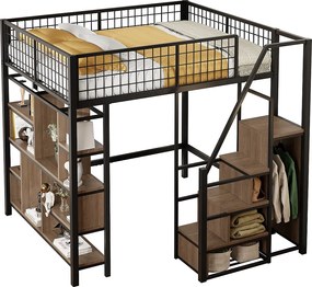 Łóżko mezzanine 140x200cm z metalu - z półkami i schodami - Czarne (materac nie jest w zestawie)