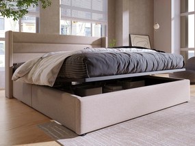 Łóżko dla dorosłych ze schowkiem 160 x 200 cm - tkanina lniana - stelaż z listew - beż