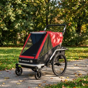 AIYAPLAY Przyczepka rowerowa dla dzieci, 2-osobowa, 2-w-1 składana przyczepka z regulowanym siedzeniem i pasami, Czerwona | Aosom PL