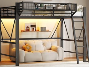 Metalowe łóżko piętrowe 140x200 cm - z koszem do przechowywania - z LED - z barierką ochronną - Czarny (materac nie wchodzi w skład zestawu)