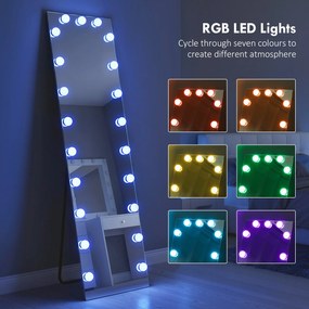 HOMCOM Lustro całopostaciowe 150x40 cm RGB-LED stojące z 21 żarówkami, 7 kolorów światła, przycisk dotykowy, funkcja pamięci | Aosom PL