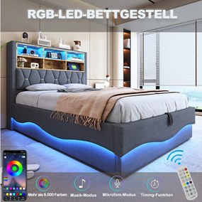 Łóżko tapicerowane ze schowkiem - 140 x 200 cm - schowek hydrauliczny - z diodami LED + USB - Len + Metal + Sklejka + MDF - szare