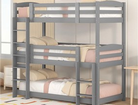 Łóżko piętrowe potrójne z drabiną i barierką ochronną - 90x200cm - drewno lite - Szary