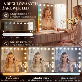 HOMCOM Hollywoodzkie lustro do makijażu z 18 regulowanymi żarówkami LED, 3 kolory, światło RGB, głośnik Bluetooth, 10-krotne powiększenie Białe | Aosom PL