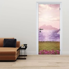 Fototapeta na drzwi - Różowe drzewa z jeziorem (95x205cm)