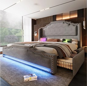 Łóżko tapicerowane z pojemnikiem - 180 x 200 cm - z 4 szufladami + diody LED + USB + stelaż - aksamit - szary