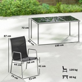 Outsunny Zestaw Mebli Ogrodowych 150 x 90cm Stół z 6 Oddychającymi Krzesłami Szkło Hartowane | Aosom PL