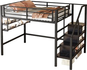 Łóżko mezzanine 140x200 cm z metalu - z półką i drabiną do przechowywania - Czarny