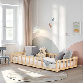 Łóżko podłogowe dla malucha 90x200 cm Naturalne łóżko Montessori z barierkami