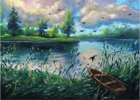 Obraz na szkle - Obraz na szkle olejny, Wczesny letni wieczór nad jeziorem (70x50 cm)