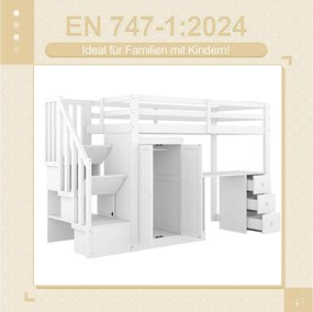 Łóżko piętrowe - 90 x 200 cm - z szafą + biurkiem + szufladami i miejscem na wieszaki - drewno sosnowe + płyta MDF - białe (bez materaca)