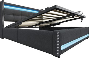 Miękko wyściełane łóżko ze schowkiem 180x200 cm - z oświetleniem LED - z USB - len - szary (materac nie jest wliczony w cenę)