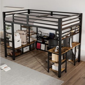 Łóżko piętrowe z żelaza - 120 x 200 cm - z biurkiem i schowkiem - stelaż z listew - żelazo + płyta wiórowa - czarne
