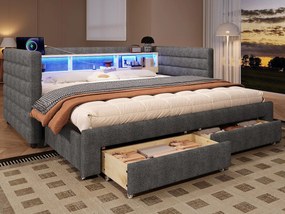 Sofa rozkładana 90x190 cm - z łóżkiem chowanym - z portami USB + Type-C - z 2 szufladami - listwa świetlna LED - szary (materac nie jest dołączony)