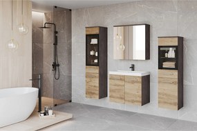 Meble łazienkowe, zestaw wiszący do łazienki z umywalką, 2 słupkami i szafką lustrzaną, matera / kasztan mat