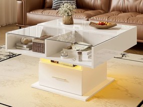 Stolik kawowy regulowany 78×78×45,5 cm - z oświetleniem LED - 1 szuflada - otwarte półki - biały