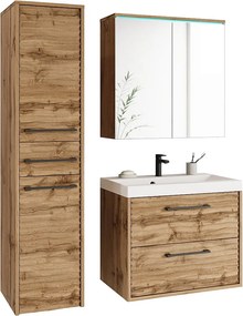 Nowoczesne meble łazienkowe, zestaw wiszący z umywalką, lustrem i słupkiem, fronty MDF fala, wotan mat