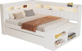 Tapicerowana sofa z łóżkiem 90x200 cm - oświetlenie LED i port USB - 2 szuflady i półka na buty - MDF+Len - Biały​ (bez materaca)