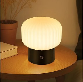 NETTLIFE Bezprzewodowa lampa stołowa LED – Lampka nocna z funkcją ładowania przez USB, biała, ściemnialna, wodoodporna IP44, okrągła, szklana