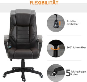 Vinsetto Krzesło biurowe z funkcją masażu, regulowany fotel dyrektorski, ergonomiczny fotel obrotowy, 6 punktów wibracyjnych, Brązowe