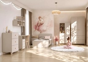 Biurko Passa 110 cm kaszmir z 2 szufladami półką i drewnianymi uchwytami