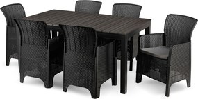 Zestaw Mebli Ogrodowych Stół ARGOS 160-210 cm Ciemnoszary Dąb/Czarny i 6x Fotel FRESNO Czarny Technorattan Nowoczesny