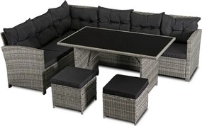 Zestaw Mebli Ogrodowych DALLAS Szary/Czarny Narożnik Pufy Stolik Tarasowy Technorattan Nowoczesny