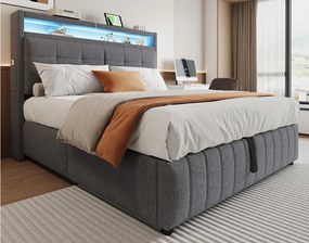 Lniane łóżko tapicerowane ze schowkiem - 160x200 cm - z diodą LED + gniazdem USB + podstawą z listew - Szare