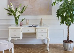 Biurko glamour z szufladami Paris, wymiary 140x80x78 cm, kolor ecru. Biurko z 5 szufladami, ozdobione frezami i dekorami. Francuski styl, kolekcja La Perle.