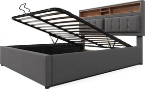 Łóżko tapicerowane 140x200 cm z lnu - regulowane wezgłowie z gniazdami - z stelażem na listwy - Szare