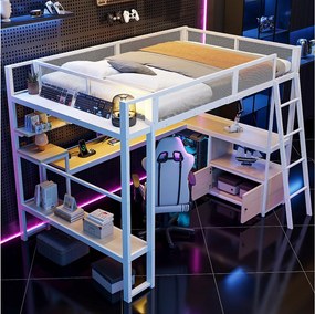 Łóżko piętrowe metalowe dla dzieci - 140 x 200 cm - ze zintegrowanym biurkiem + oświetlenie LED + schowek - białe