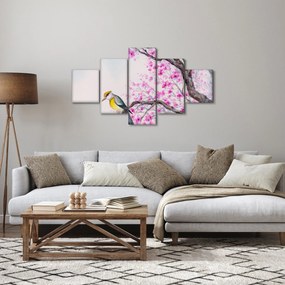 Obraz - ptak na drzewie z różowymi kwiatami (125x70 cm)