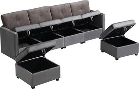 Kanapa 6-osobowa w kształcie litery U - z miejscem do przechowywania - wielofunkcyjna przekształcalna - welur + welur prążkowany - szary