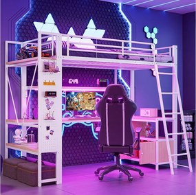 Łóżko piętrowe dla dzieci - 90 x 200 cm - rama żelazna - z diodami LED + biurko + półka + port USB - metalowe - białe