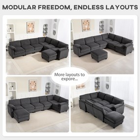 HOMCOM Narożna sofa w kształcie U, sofa z sprężynami kieszeniowymi, wyściełane podłokietniki, ruchomy szezlong, sztruks, 292x224x85 cm, ciemnoszary | Aosom PL