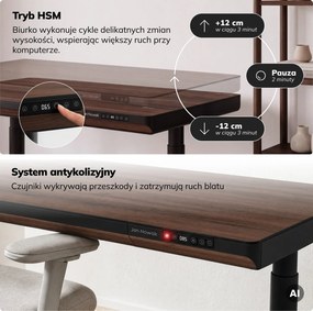 Biurko elektryczne sit-stand z szufladą i ładowarką bezprzewodową Qi czarne/orzech, 1600 mm: ELLIS